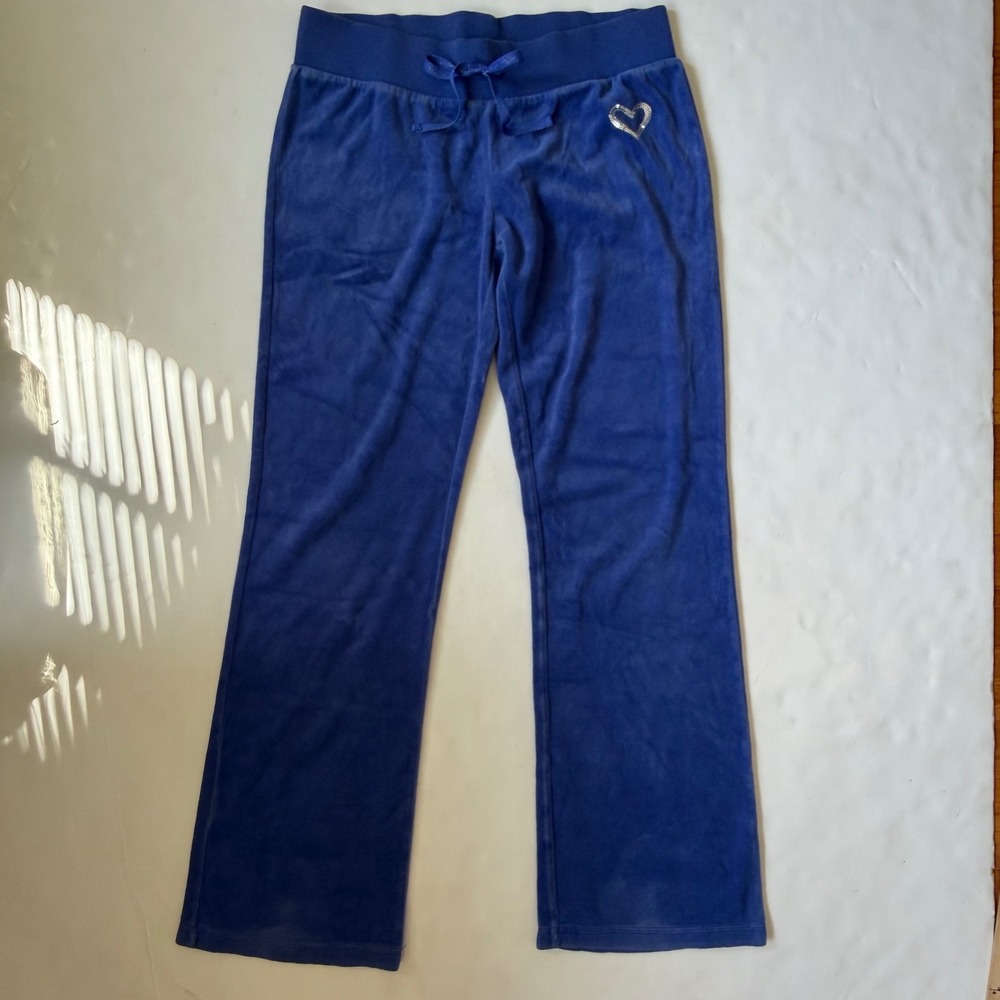 SO Y2K Mcbling Blue Low Rise Velour Wide Leg Sweatpants Crystal Heart Trackpants